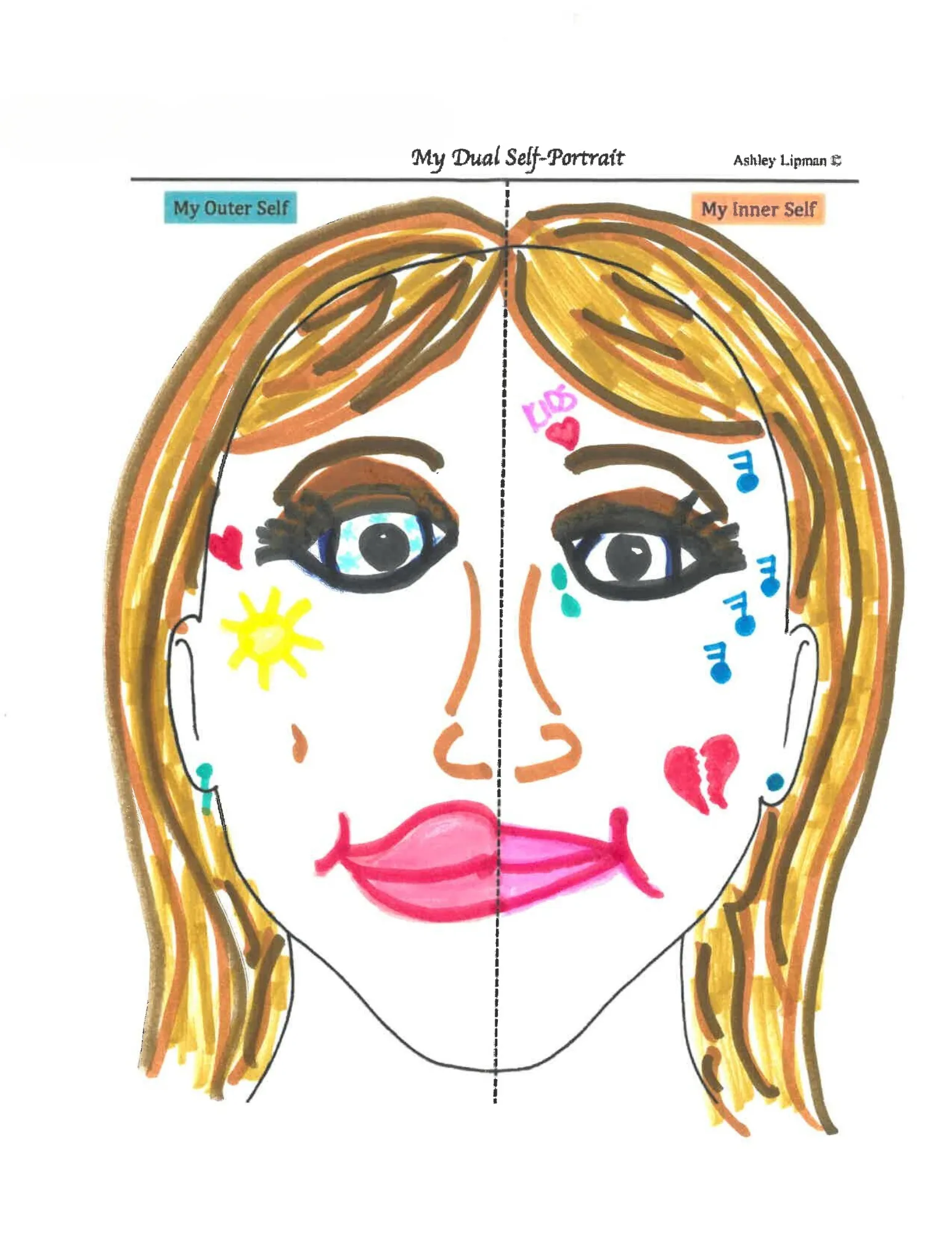 Dual Self Portrait 1 of 3: a face outline colored by a mother in the Seeking Safety group
